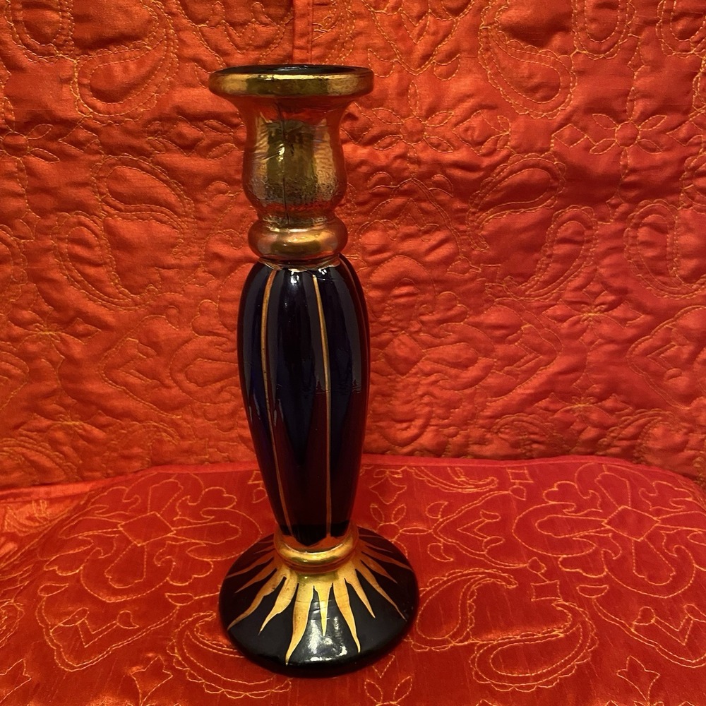 Vintage cobalt blue glass candlestick, celestial bud vase 9" Blue/Gold Astrology